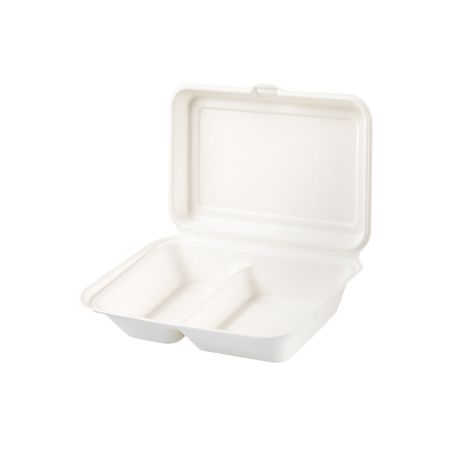 Two-Compartments Bagasse Food Container with Hinged Lid